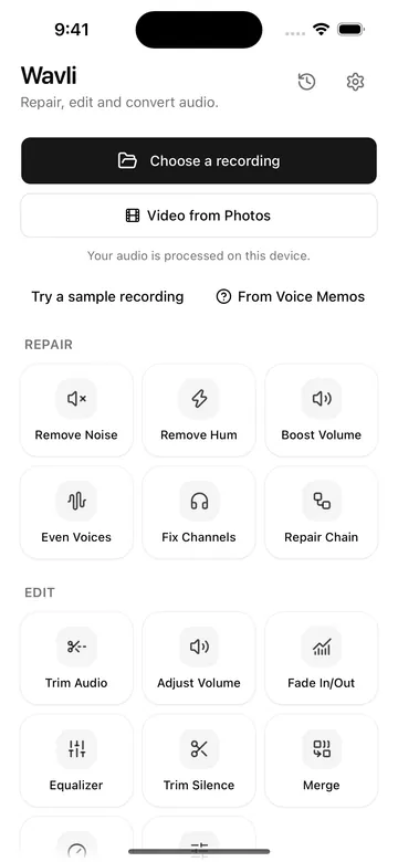 Wavli Home screen: Choose a recording, Video from Photos, and the note Your audio is processed on this device