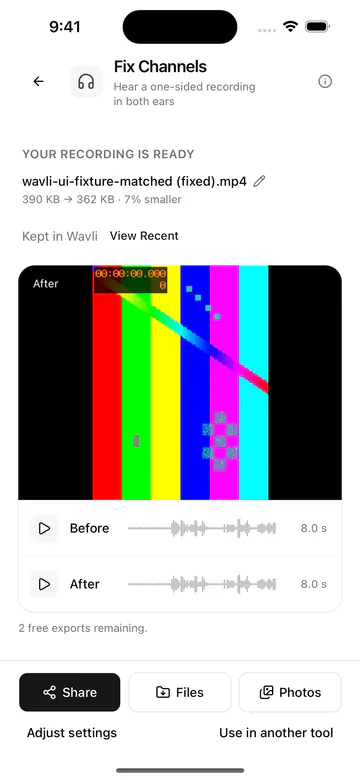 Wavli video result: the video picture above Before and After players, with Share, Files and Photos buttons