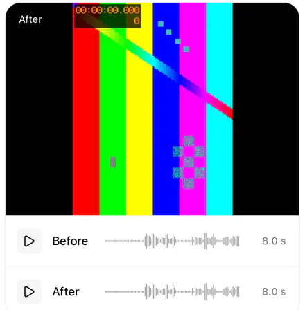 Wavli video result: the cleaned video's picture above Before and After audio players