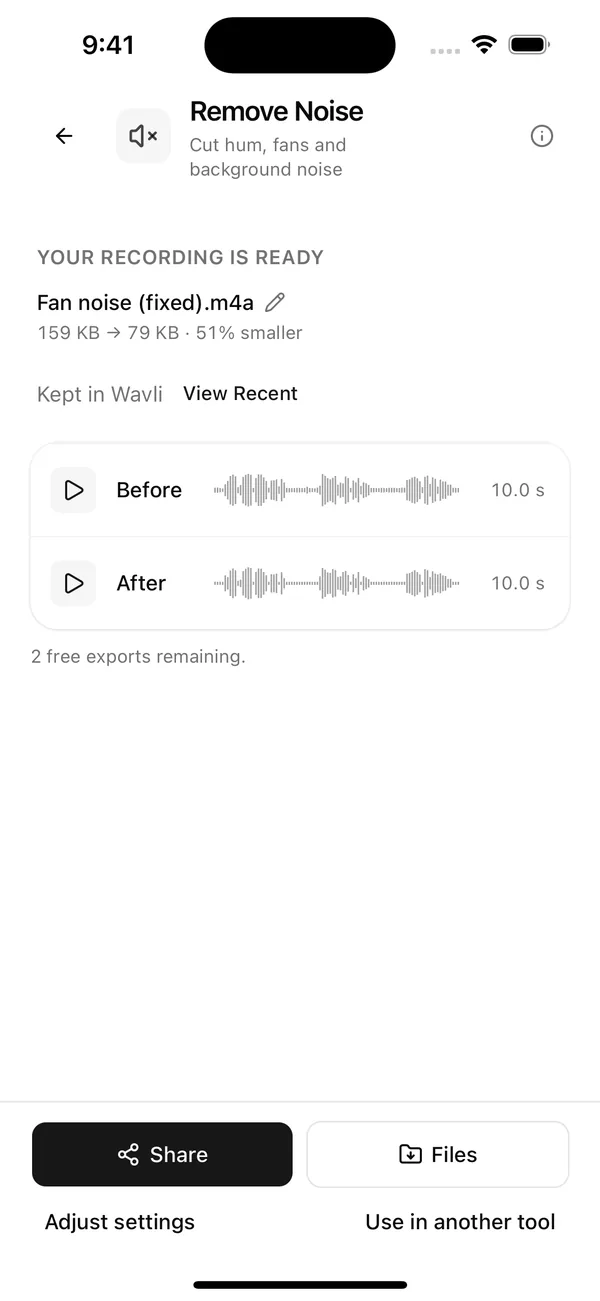 Wavli result screen with the heading Your recording is ready, the file Fan noise (fixed).m4a, and Before and After players
